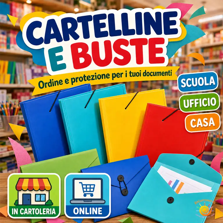 Cartelline con elastico e buste portadocumenti colorate in una cartoleria