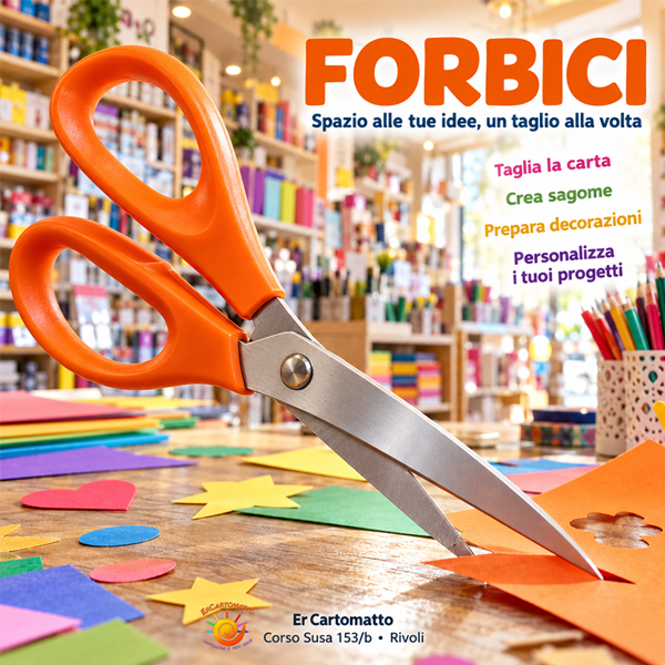 Forbici con impugnatura arancione che tagliano un foglio, accanto a sagome di carta colorata.