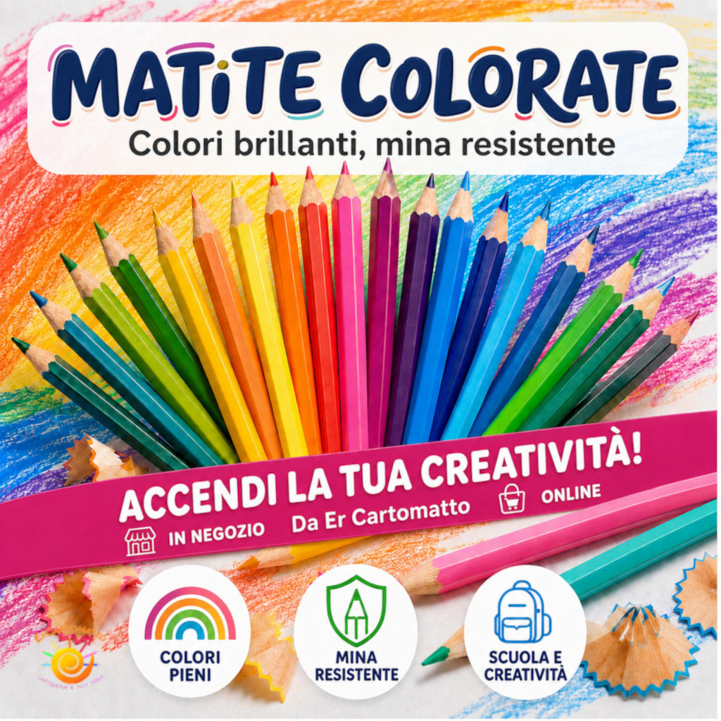 Matite colorate disposte a ventaglio con colori brillanti, ideali per la scuola e il disegno creativo.