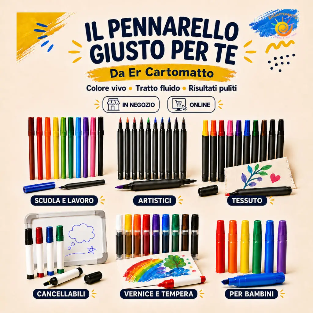 Selezione di pennarelli per scuola, lavoro, arte, tessuto, lavagna e bambini disponibili da Er Cartomatto.