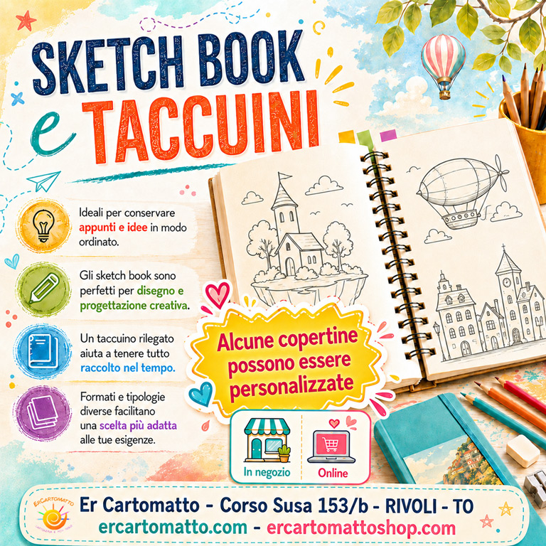 Sketch book e taccuini creativi aperti con schizzi semplici, icone per acquisto in negozio e online, e avviso copertine personalizzabili Er Cartomatto.