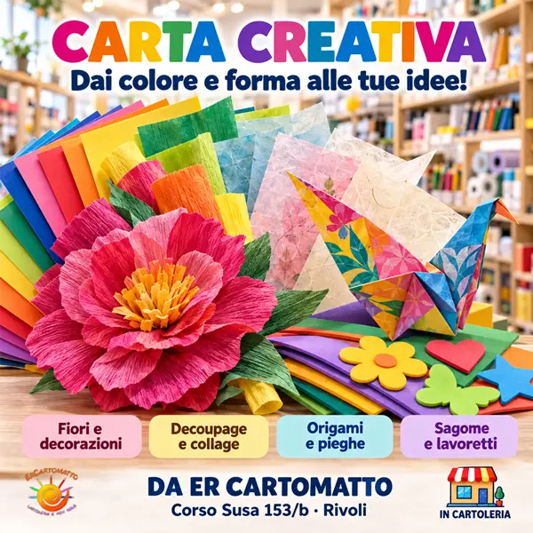 Carte colorate, fiore di carta crespa, origami e sagome in gomma crepla nella grafica Carta Creativa di Er Cartomatto.
