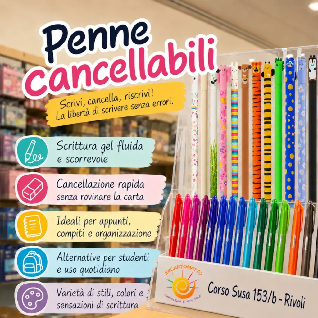 Penne cancellabili colorate per la scuola disponibili da Er Cartomatto a Rivoli