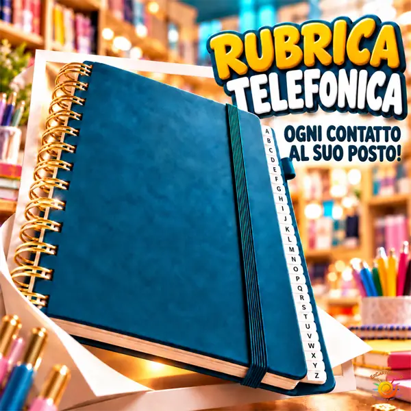 Rubrica telefonica cartacea blu con linguette alfabetiche dalla A alla Z.
