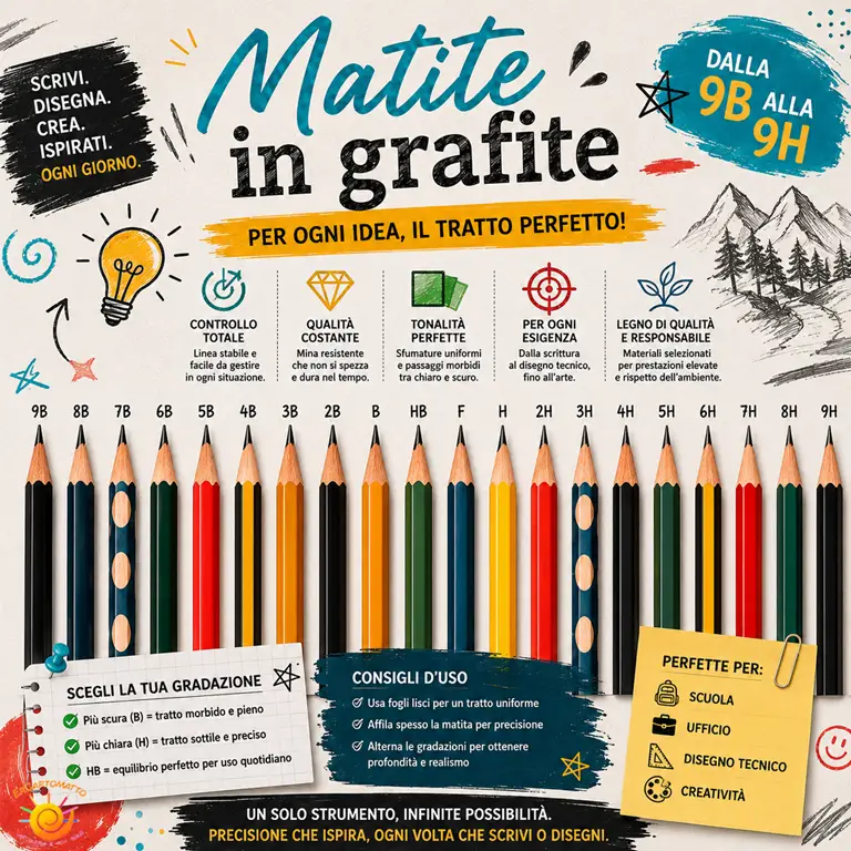 Matite in grafite di diverse gradazioni per scuola, lavoro, disegno tecnico e creatività artistica