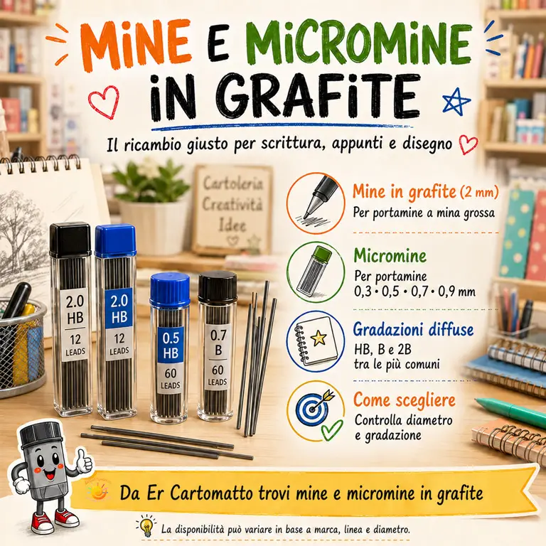 Mine e micromine in grafite di diversi diametri e gradazioni per portamine e matite meccaniche.