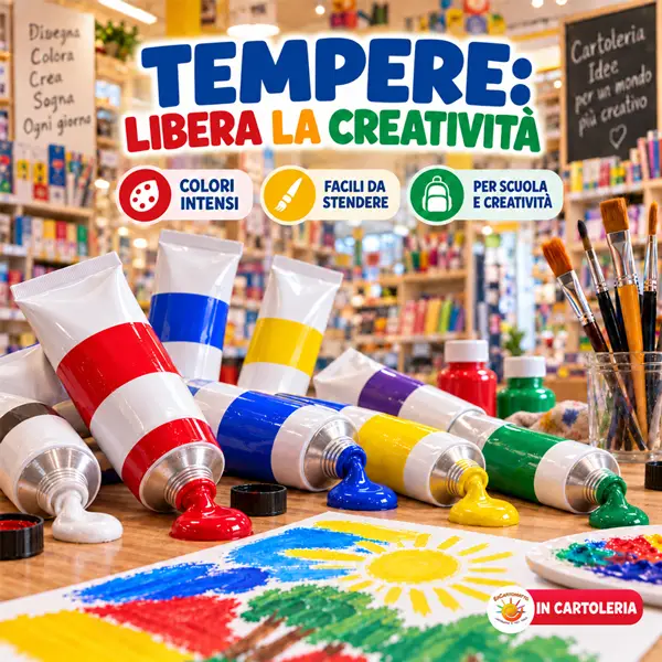 Tubetti di tempere colorate con pennelli e disegno creativo nella cartoleria Er Cartomatto a Rivoli.
