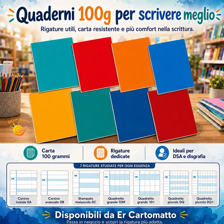 Infografica sulle 7 rigature dei maxi quaderni 100 grammi per disgrafia e DSA, con esempi di righe e quadretti per supportare scrittura e apprendimento.