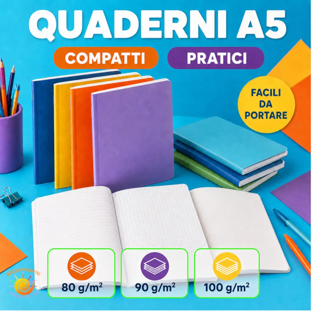 Quaderni formato A5 colorati per la scuola, disponibili con diverse rigature e grammature da 80, 90 e 100 g/m²