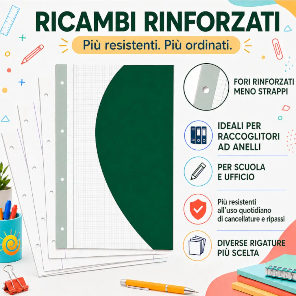 Tabella delle rigature dei ricambi rinforzati A4 e A5 disponibili da Er Cartomatto, con sigle per righe e quadretti con o senza margine.