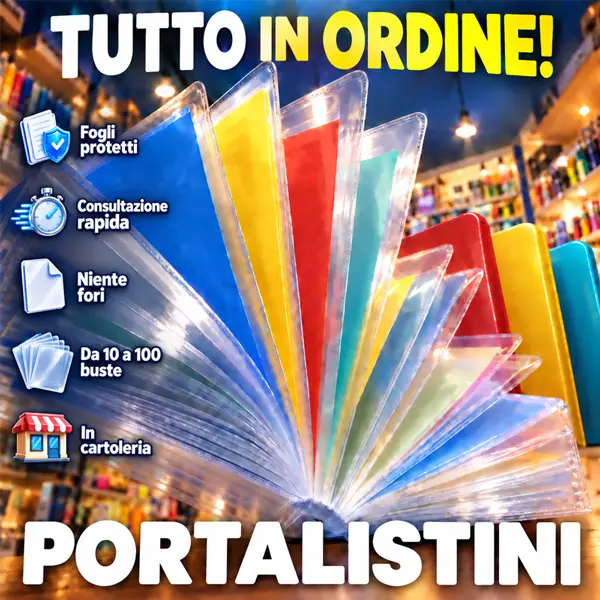 Portalistini A4 colorati con buste trasparenti aperti a ventaglio in cartoleria, disponibili nei formati da 10 a 100 buste.