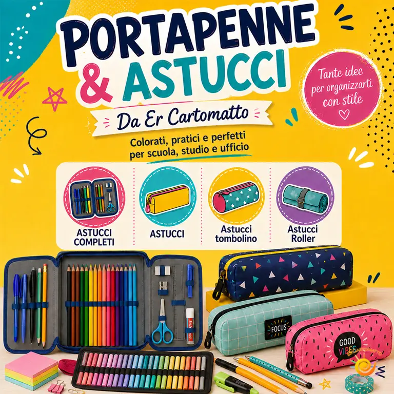 Portapenne e astucci disponibili da Er Cartomatto: astucci completi, classici, tombolino e roller, acquistabili a Rivoli e online.