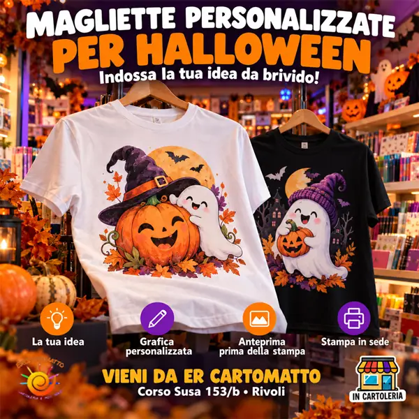 Maglietta bianca e maglietta nera con grafiche di zucche e fantasmi nella locandina Halloween di Er Cartomatto