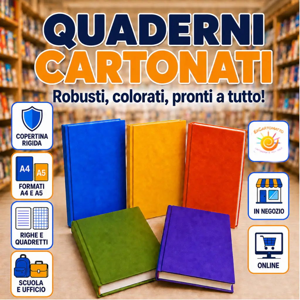 Quaderni cartonati colorati con copertina rigida, disponibili a righe e quadretti per scuola, università e ufficio.